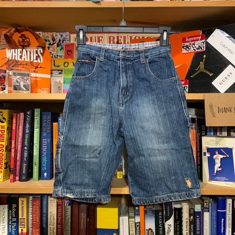 U.S. POLO ASSN.youth dark wash cotton stretch waistband long denim shorts